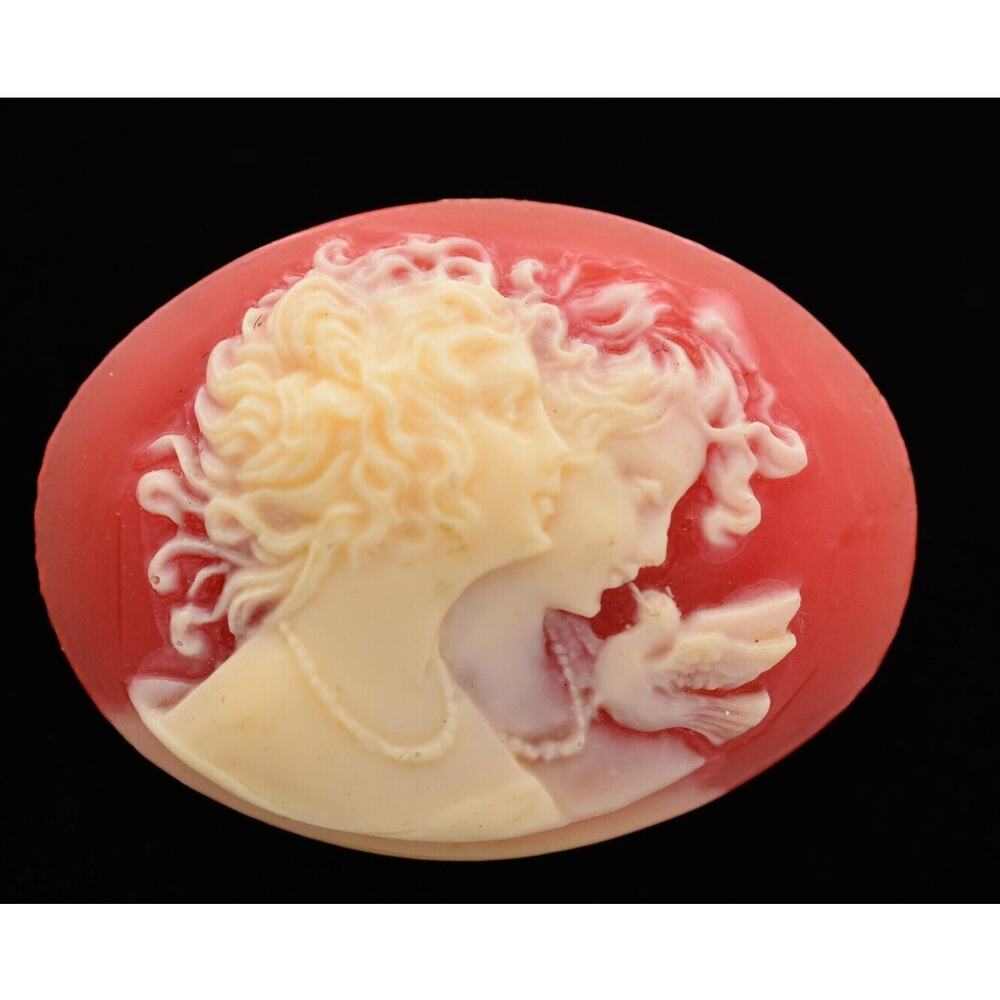 Vintage Cameo Pin Brooch Red White Woman Bird Oval Renaissance Resin 1980s BinAT